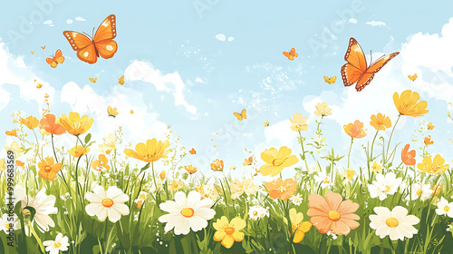 Beautiful yellow and white flowers with butterflies in a blue sky.