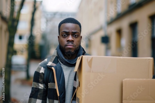 A person carrying a cardboard box on a urban sidewalk, potential for various uses