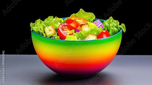 A vibrant salad bowl with varied textures of lettuce, tomatoes, and croutons, Psychedelic, Watercolor, Neon greens and reds, High detail in vegetable textures