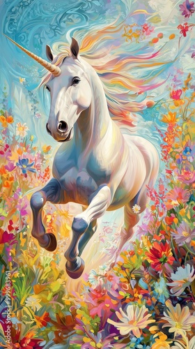 A majestic unicorn leaps joyfully through a vibrant meadow of wildflowers under a bright sky photo