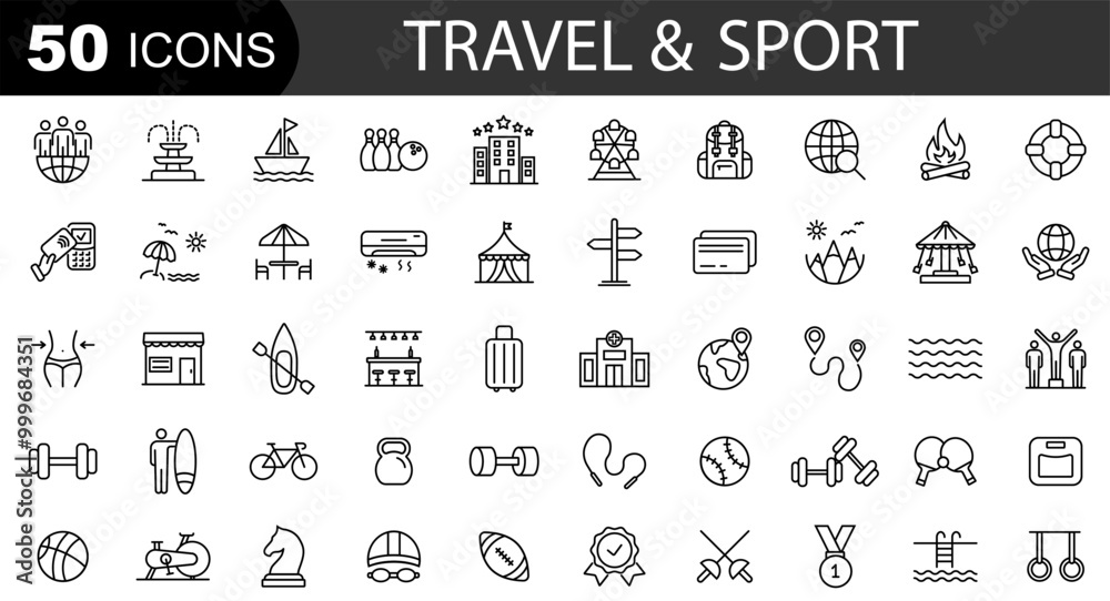 Sport and fitness icon set. Vacation line icons. Collection of travel and vacation icons. Vector illustration Sport and fitness icon set. Vacation line icons. Collection of travel and vacation icons. Vector illustration