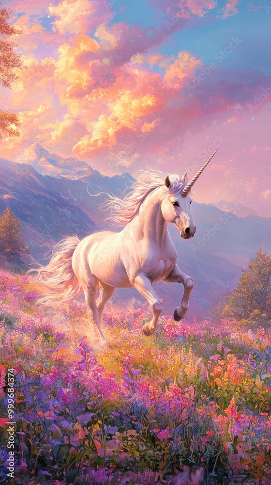 Magical unicorn galloping through a vibrant flower field in a breathtaking mountain landscape Magical unicorn galloping through a vibrant flower field in a breathtaking mountain landscape
