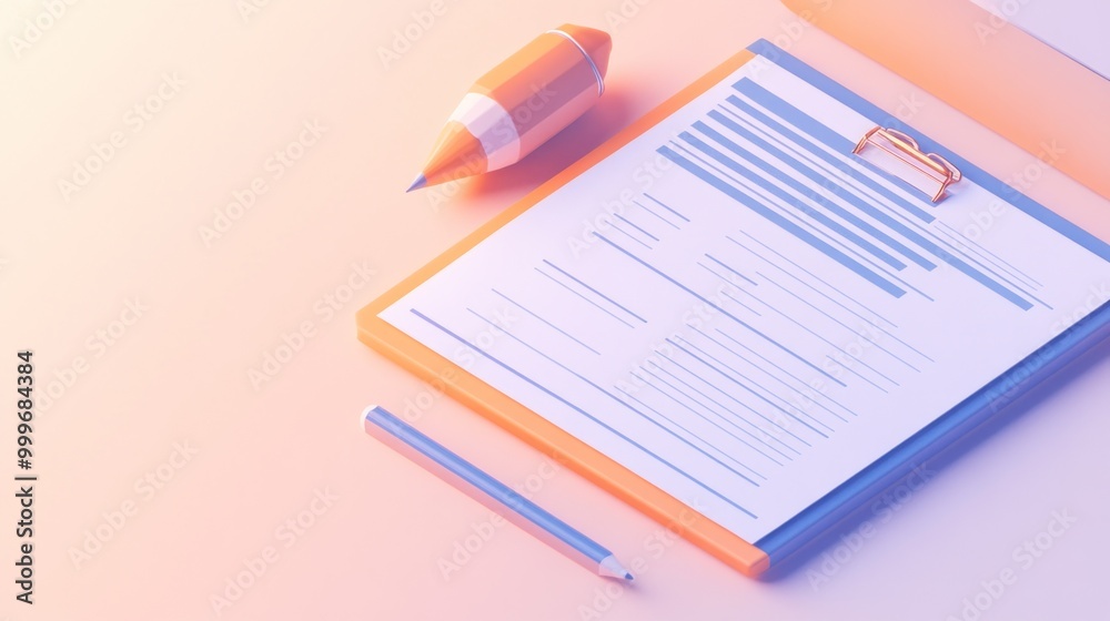 A clipboard with a document, pencil, and colorful pencil, suggesting organization and creativity. A clipboard with a document, pencil, and colorful pencil, suggesting organization and creativity.