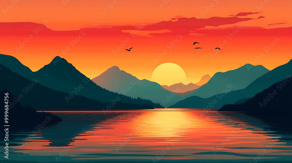 A beautiful sunset over a mountain lake. The sun is setting behind the mountains, casting a warm glow over the water. A beautiful sunset over a mountain lake. The sun is setting behind the mountains, casting a warm glow over the water.