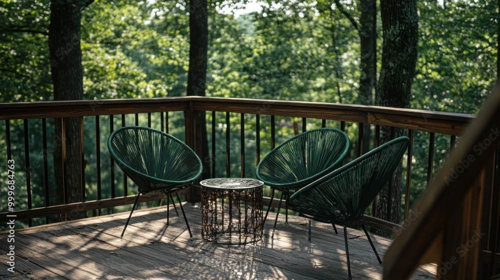 A serene outdoor seating area surrounded by lush greenery. A serene outdoor seating area surrounded by lush greenery.