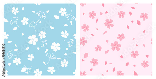 Seamless pattern with cherry blossom Sakura flower and ginkgo leaves on blue and pink backgrounds vector. Flat design.