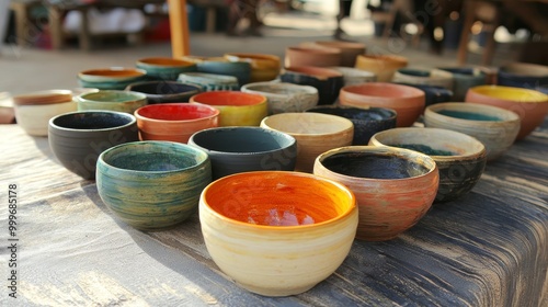 Handmade Colorful Ceramic Bowls Displayed at Outdoor Market on Artisan Table photo