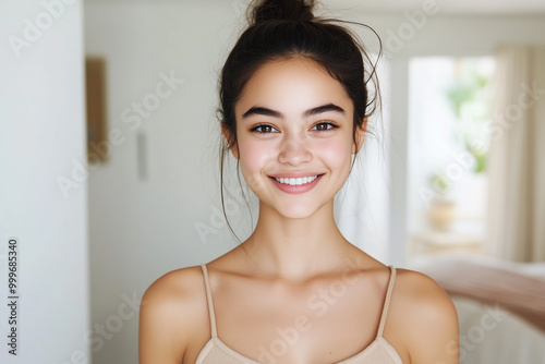 Portrait of a smiling young woman with natural beauty, glowing skin, and a relaxed hairstyle, standing in a bright indoor setting