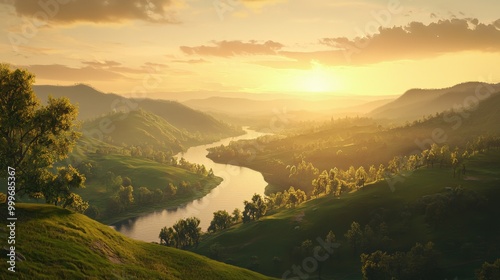 Golden hour illuminates a winding river through lush green hills in a serene landscape