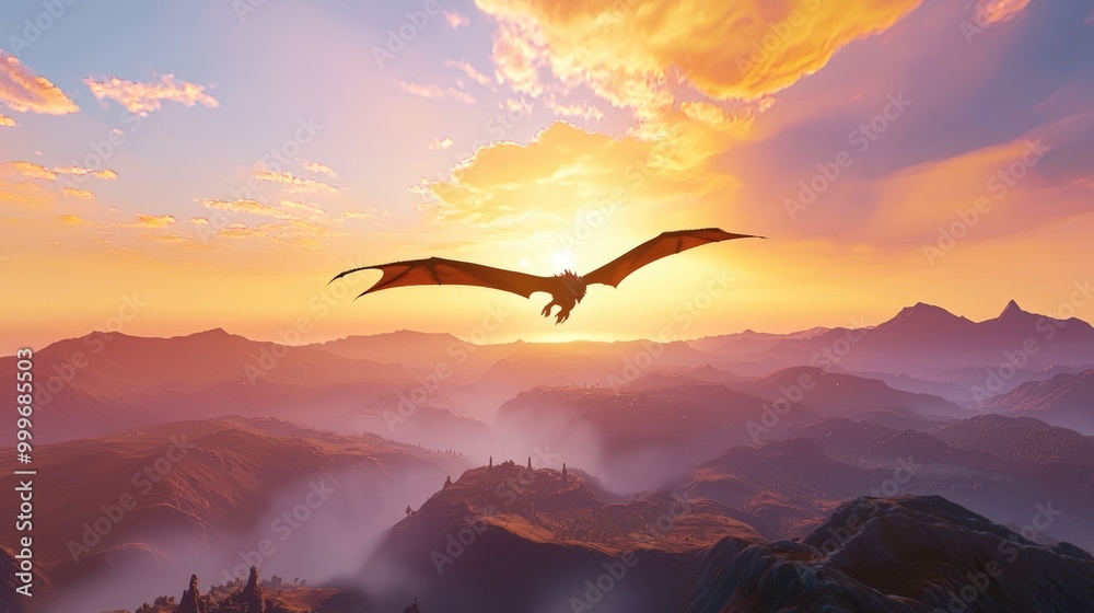 Obraz premium Majestic dragon soaring over a vibrant sunset in a mountainous landscape