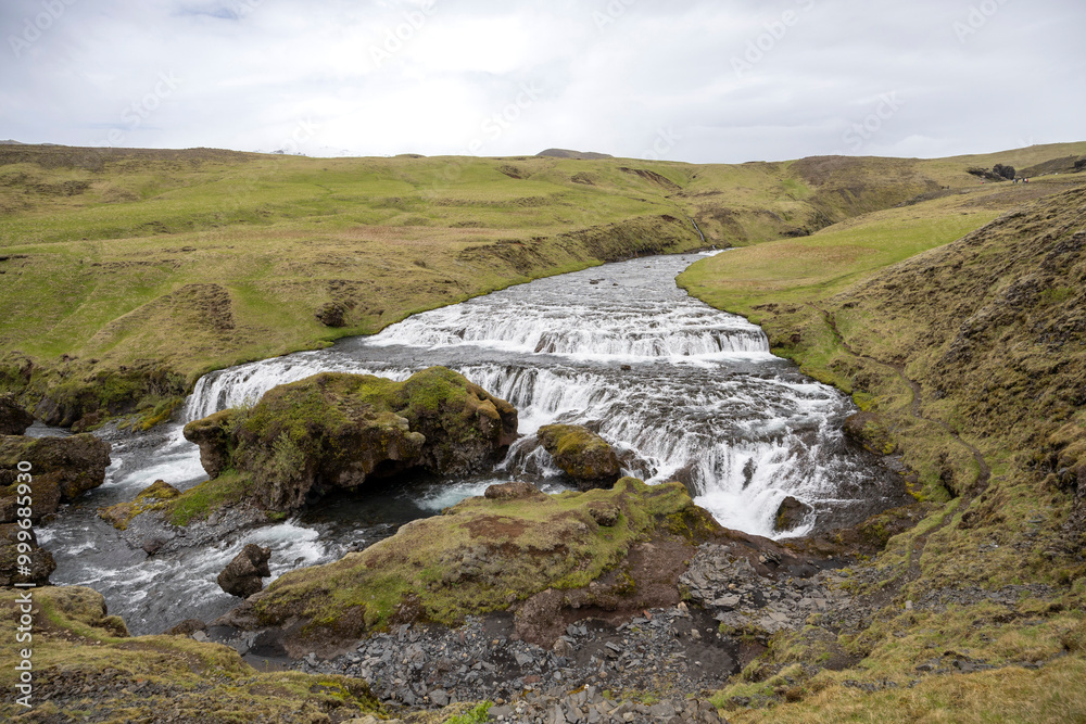 Fototapeta premium Hestavaðsfoss, the first of many waterfalls on the Skógá River above Skógafoss on the Laugavegur trail, South Iceland