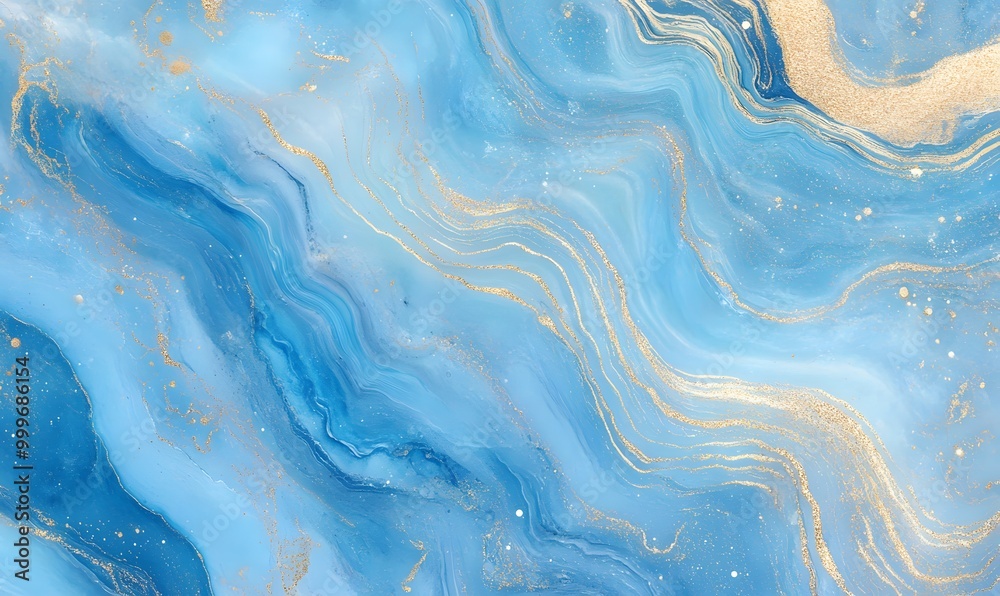 Abstract Blue and Gold Marble Texture with Swirling Veins, Generative AI