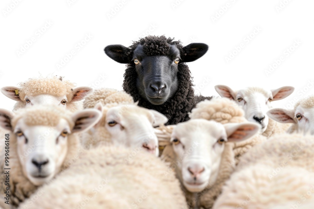 Obraz premium A group of sheep standing side by side in a field, possibly waiting for food or shelter