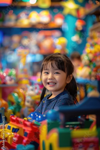 A happy girl enjoys herself in a colorful toy store, perfect for commercial use