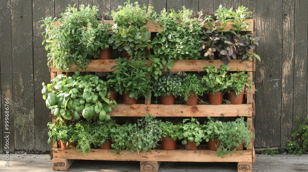 Vertical Wooden Pallet Garden with Various Green Herbs in Pots Against a Rustic Fence Vertical Wooden Pallet Garden with Various Green Herbs in Pots Against a Rustic Fence