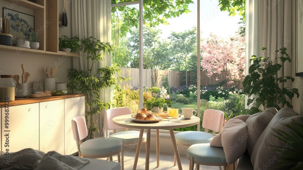 Fototapeta premium A cozy breakfast nook featuring a small round table