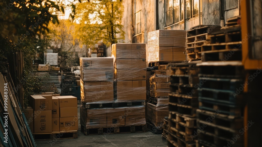 A narrow alley filled with stacked pallets and cardboard boxes, illuminated by warm sunlight. A narrow alley filled with stacked pallets and cardboard boxes, illuminated by warm sunlight.