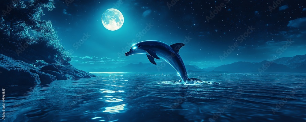 Fototapeta premium A stunning image of a dolphin leaping out of the water under a full moon, with a serene night sky in the background.