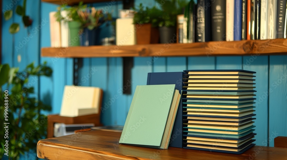 Stylish Home Library with Stacked Books and Wooden Shelves in a Bright Blue Room Stylish Home Library with Stacked Books and Wooden Shelves in a Bright Blue Room