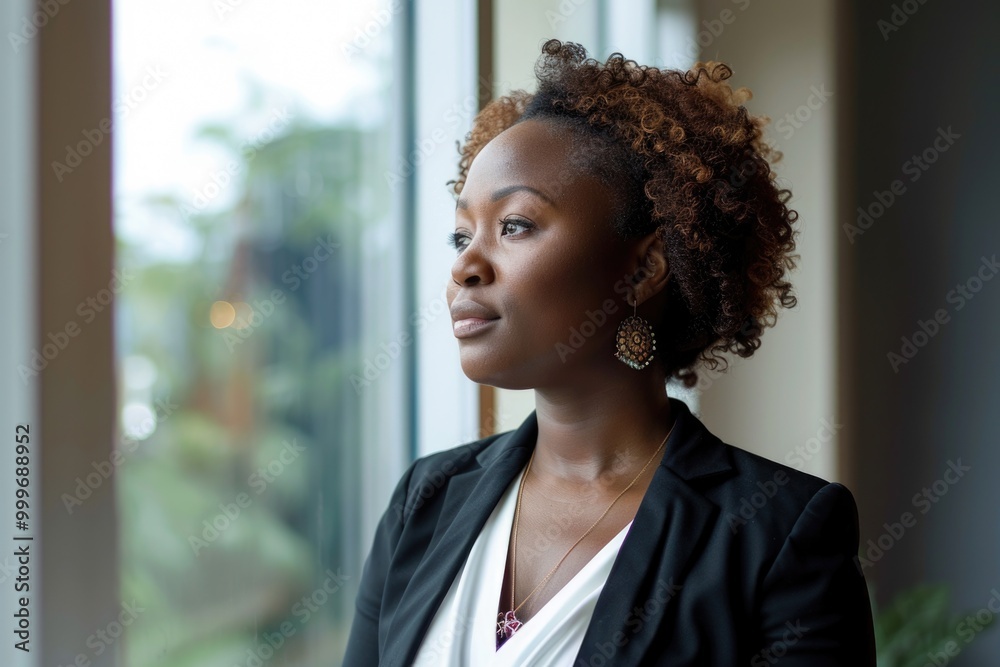 A woman standing in front of a window, possibly contemplating or lost in thought A woman standing in front of a window, possibly contemplating or lost in thought