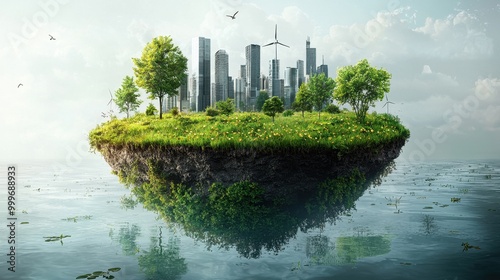 A serene floating island features lush greenery and a skyline, symbolizing a harmonious blend of nature and urban life.
