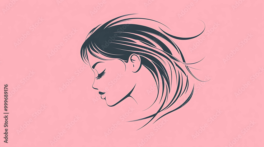 A simple, elegant line drawing of a woman's profile with long hair against a pink background.