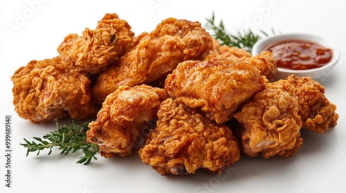 Crispy golden fried chicken pieces served with a side of tangy dipping sauce and garnished with fresh herbs.