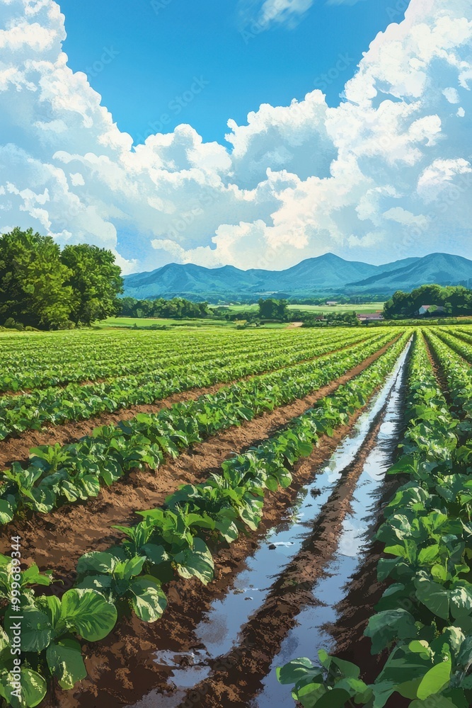 A vibrant green field of crops stretches under a blue sky dotted with fluffy clouds, framed by distant mountains. A vibrant green field of crops stretches under a blue sky dotted with fluffy clouds, framed by distant mountains.