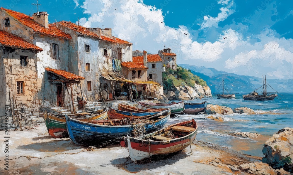 Obraz premium Coastal village with boats and blue sky.