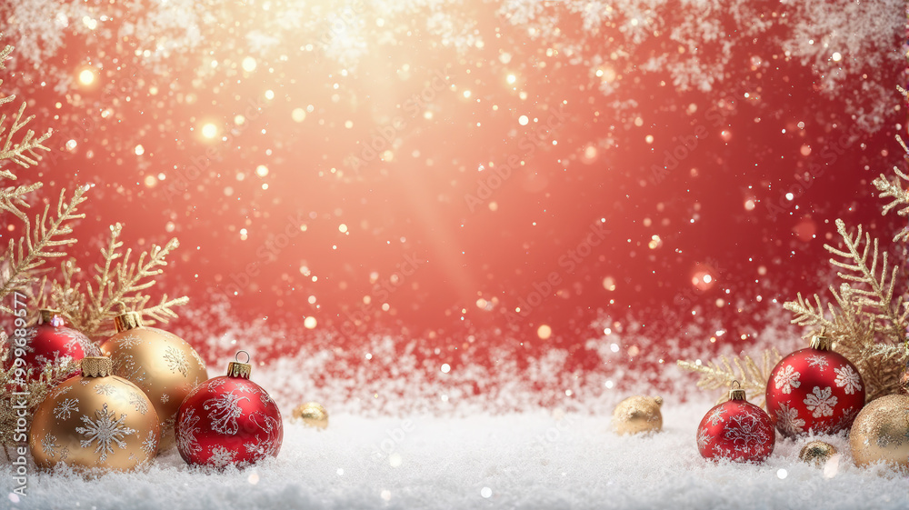 Festive holiday decorations with red and gold ornaments on a snowy backdrop Festive holiday decorations with red and gold ornaments on a snowy backdrop