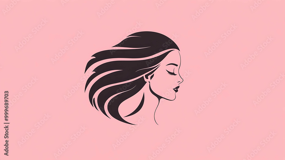 Black and white silhouette of a woman with long hair on a pink background. Black and white silhouette of a woman with long hair on a pink background.