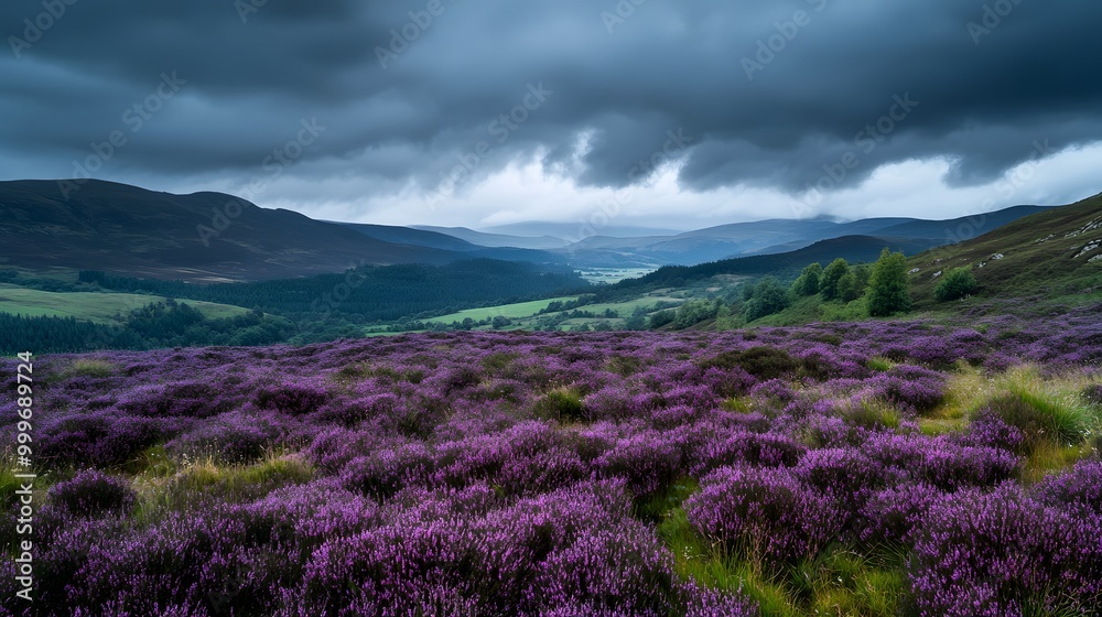 Fototapeta premium Purple Heather Field Under Stormy Skies