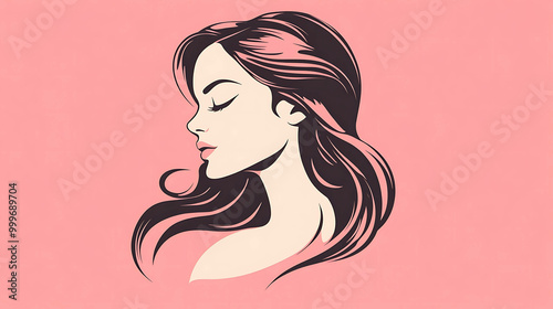 A simple illustration of a woman's profile with long dark hair, on a pink background.