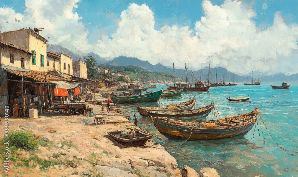Coastal village with boats moored at shore.
