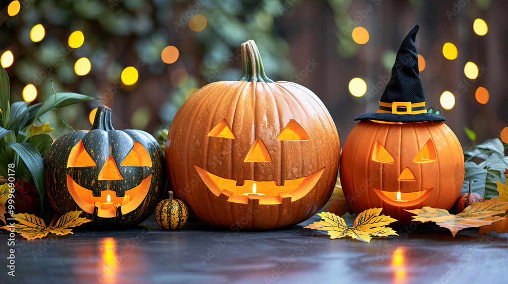 Fototapeta premium Spooky Dark Halloween Scene with Pumpkins Haunted House and Blurry Lights Moonlit Street