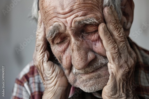 A senior gentleman covering his face with his hands, conveying sadness or shock