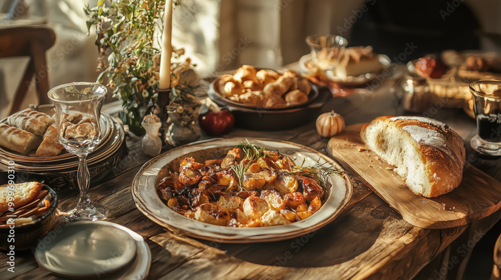 Rustic autumn dinner table with roasted vegetables and fresh bread
Rustic autumn dinner table with roasted vegetables and fresh bread