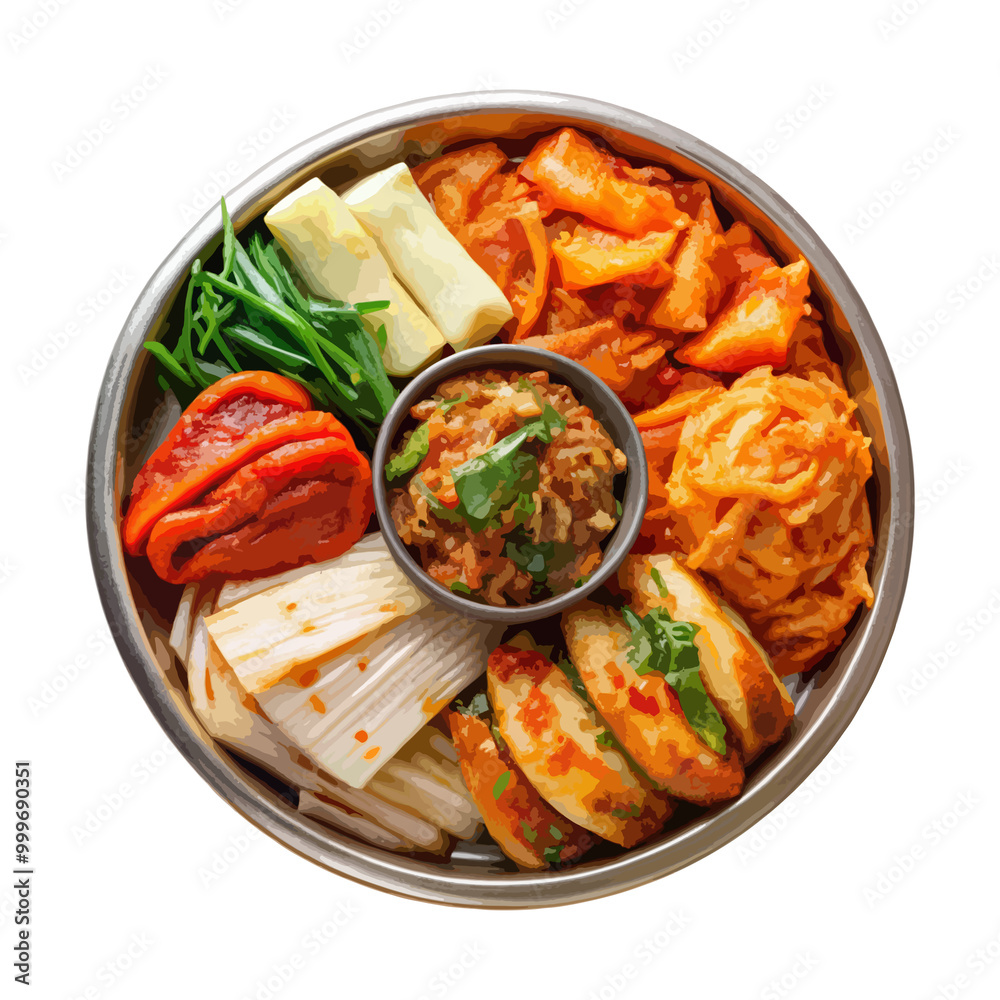 Fototapeta premium Front view of Kimchi Banchan Platter with an assortment of different kimchi varieties isolated on a white transparent background