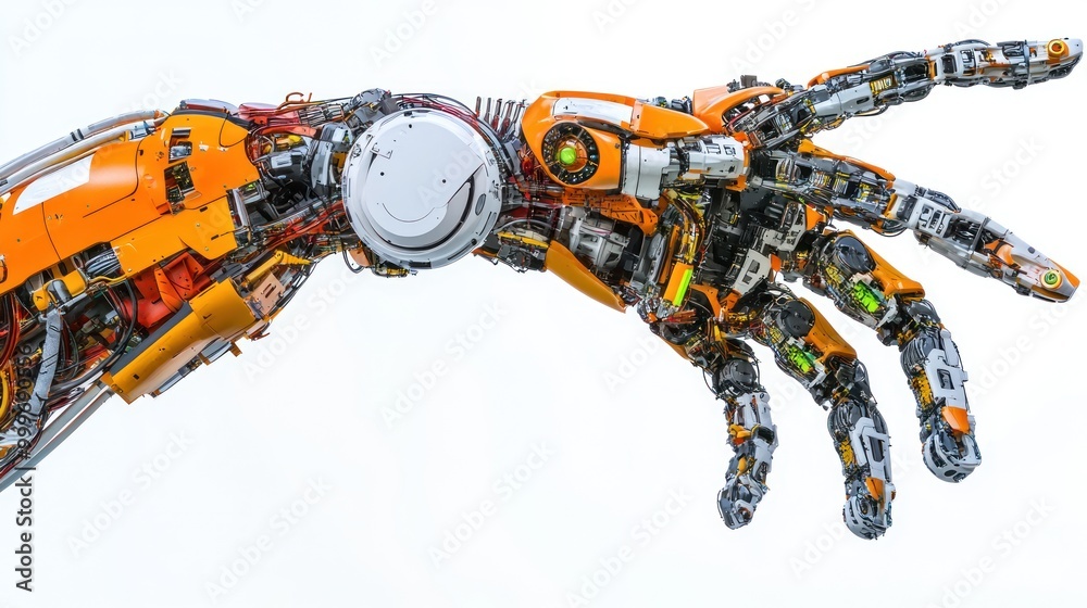 A robotic hand showcasing intricate mechanical design and technology. A robotic hand showcasing intricate mechanical design and technology.