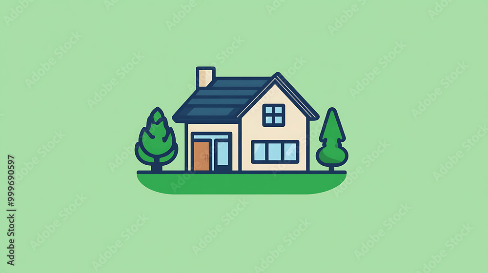 A simple illustration of a small house with a green roof, two trees and green grass. A simple illustration of a small house with a green roof, two trees and green grass.
