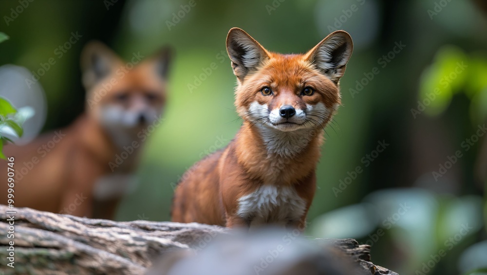 Fototapeta premium A bright-eyed fox stands confidently on a log, capturing the viewer's awe as it explores its vibrant, lush forest habitat with a playful curiosity and undeniable charm.