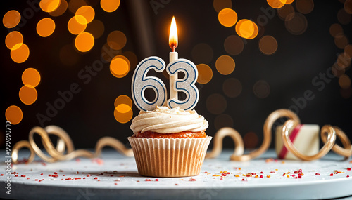 Birthday cupcake with burning lit candle with number 63. Number sixty-three for sixty-three years or sixty-third anniversary. photo