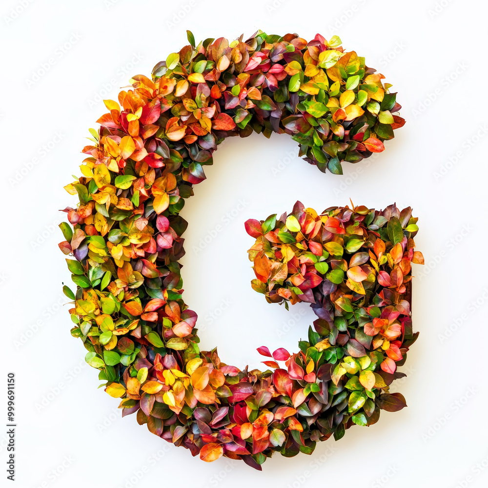 Alphabet letter G made of fall leaves, flowers. berries. Vibrant autumn colours. White clean background. Generative AI