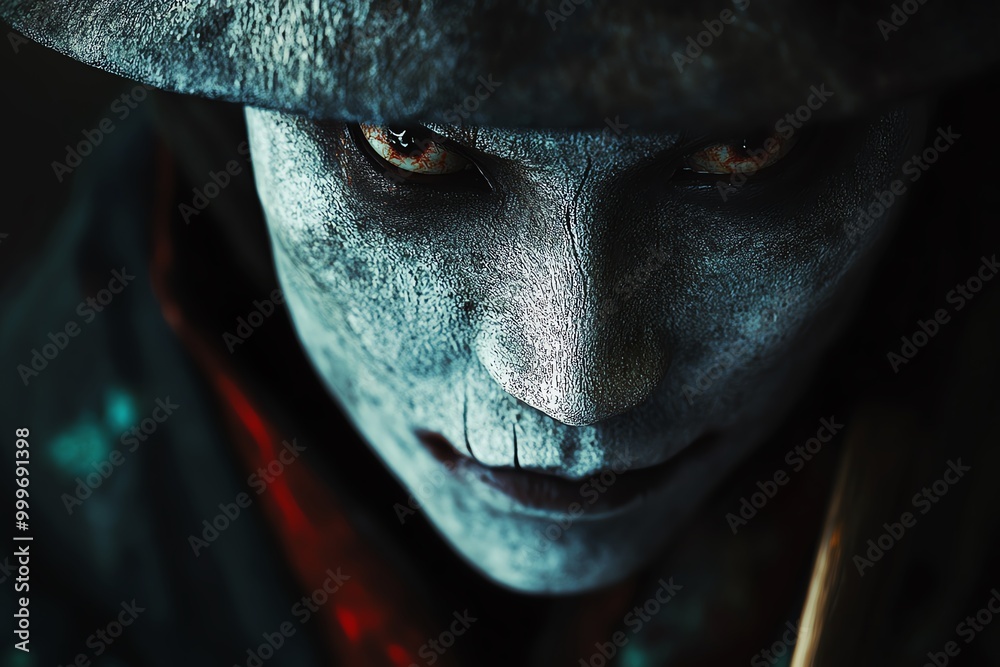 Fototapeta premium Close-up of a sinister, eerie figure with haunting eyes and blue-tinged makeup, evoking a dark, Halloween-themed atmosphere.