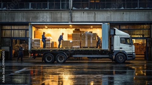 A truck is being loaded with boxes in a warehouse during rainy weather.
