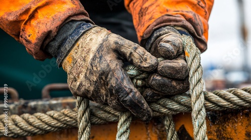Close up of weathered hands in gloves tying a thick rope.