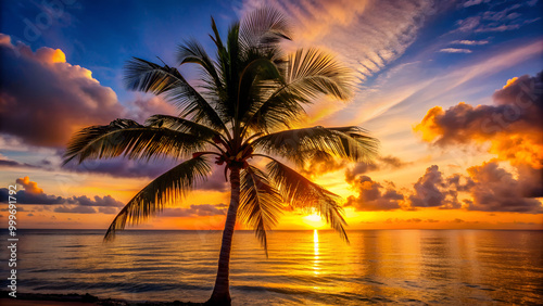 a silhouette of a palm tree on sunset