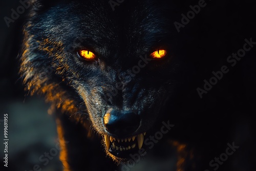 Close-up of a fierce wolf with glowing orange eyes in the dark, displaying its sharp teeth and intense gaze. photo