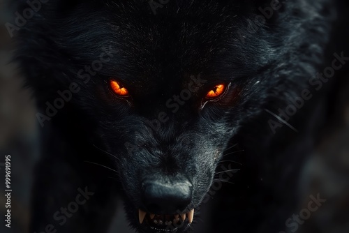 Close-up of a fierce black wolf with glowing orange eyes in the dark, showcasing a mysterious and enigmatic aura.