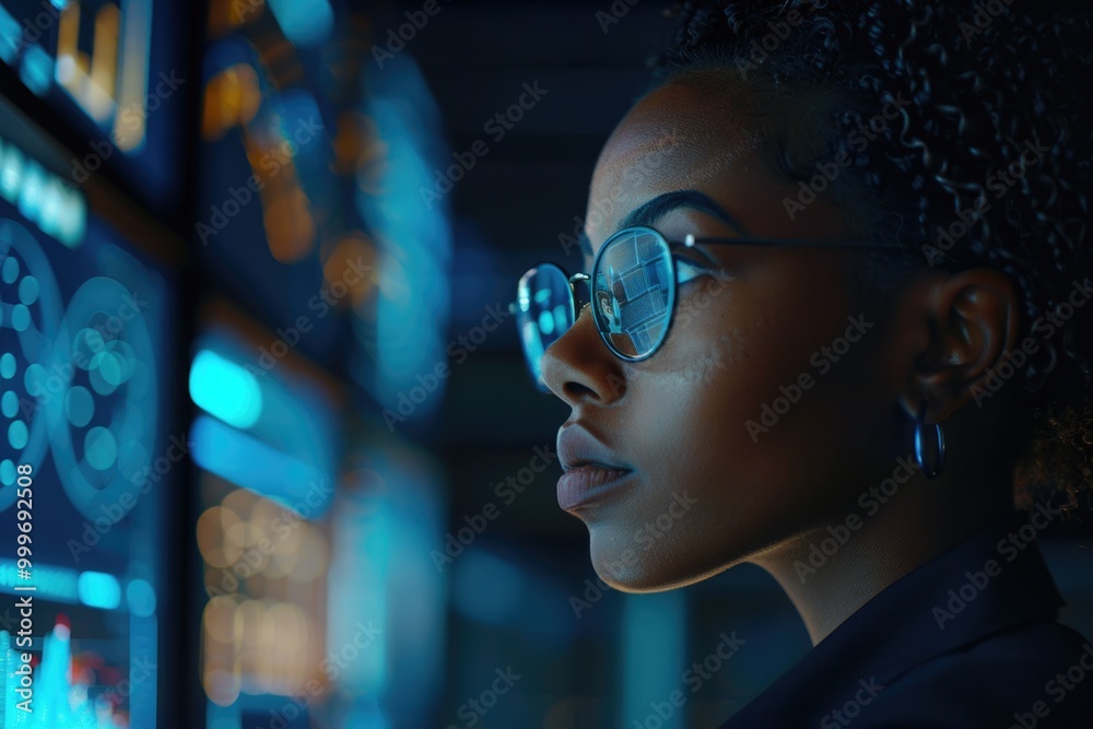 A person wearing glasses sits in front of a computer, focused on the screen A person wearing glasses sits in front of a computer, focused on the screen